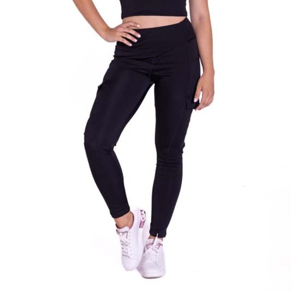 High-Waisted Black Fitness Leggings with Side Cargo Pockets - Picture 1 of 5